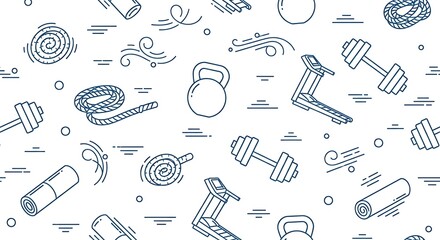 Fitness and gym equipment seamless pattern isolated on white background