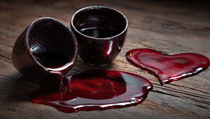Spilled liquid in heart shape on wooden surface. Two dark ceramic bowls