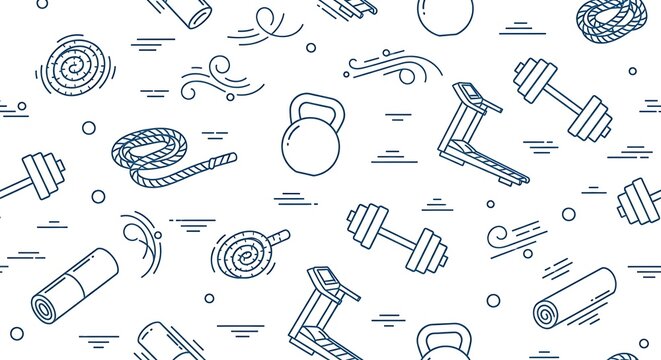 Fitness and gym equipment seamless pattern isolated on white background