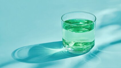 Glass of vibrant green liquid on teal background