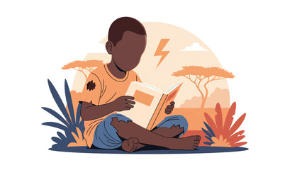 Africa poor child studying outside using sunlight. Ideal for education access, hope, resilience, and learning themes.
