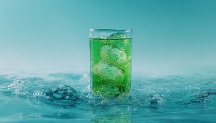 Refreshing green drink in a glass, with ice cubes, on a teal surface with waves