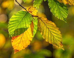 Autumn leaves display vibrant colors in sunlight against a soft, blurred background