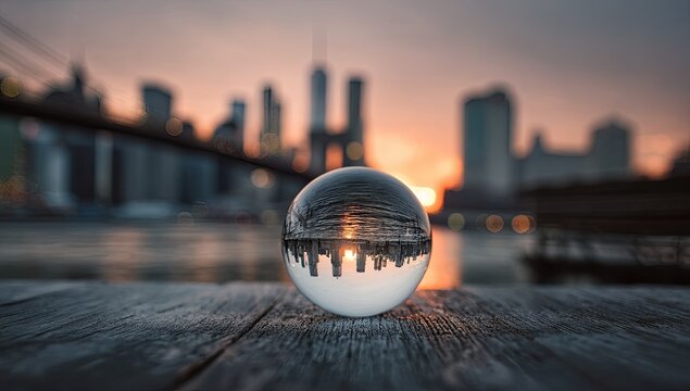 Cityscape reflected in a glass sphere
