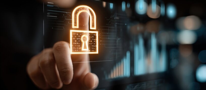 Finger interacts with glowing digital padlock icon on a futuristic interface - Powered by Adobe