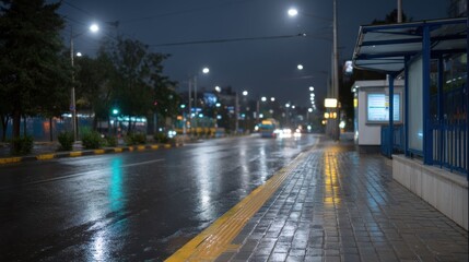 Nighttime City Bus Station Under Pouring Rain with Reflections on Wet Pavement