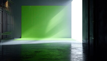 Empty studio space illuminated by natural light filtering through doorway. Large green screen backdrop