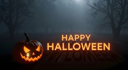 A glowing Jack O'Lantern and Happy Halloween text in a spooky, foggy forest at night. Eerie background for holiday celebration