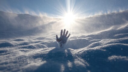 A hand emerges from a snowdrift, sun shining