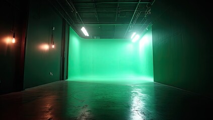 Interior shot of a spacious, dark green studio with vibrant green screen and overhead lights