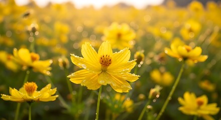 Field of yellow flowers with water droplets under sunlight.