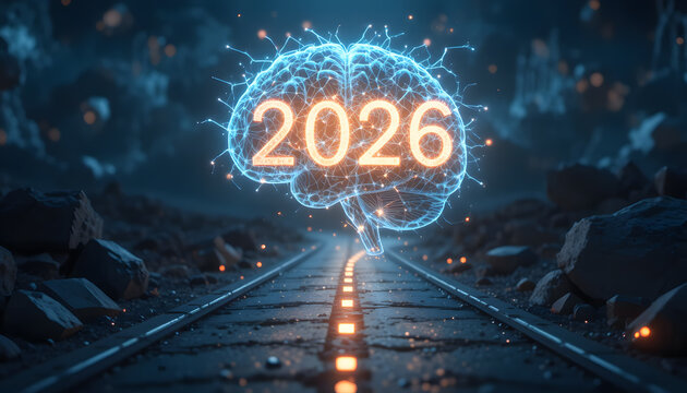 A futuristic neuroscience concept showing a glowing human brain made of illuminated neural pathways forming a road toward the year “2026.” Symbolizes mental reset, new neural connections