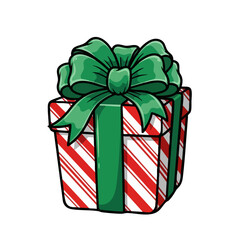 Festive Gift Box with Striped Wrapping and Green Bow.