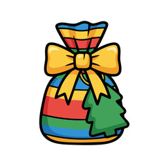 Festive Gift Sack with Bow and Christmas Tree Decoration.
