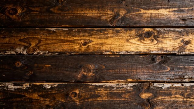 Horizontally oriented distressed wooden planks display rich brown and golden wood grain texture