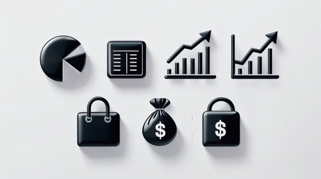 Financial and Business Icon Set Pie Chart, Calculator, Growth Charts, Briefcase, Money Bag, Lock