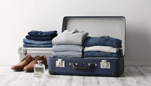 Open suitcase filled with folded clothes. A vintage suitcase is open and full of neatly folded clothes - Powered by Adobe