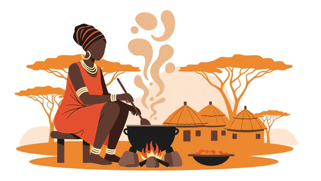 Africa woman preparing a meal using outdoor fire stove. Ideal for traditional cooking, resource-limited living, and family survival themes