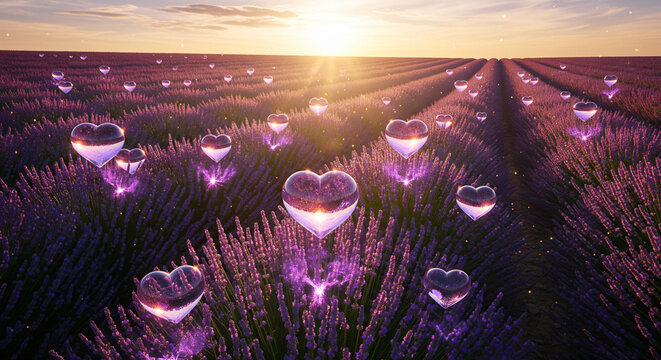 Romantic lavender field at sunset with floating hearts evoking feelings of love and peace. - Powered by Adobe