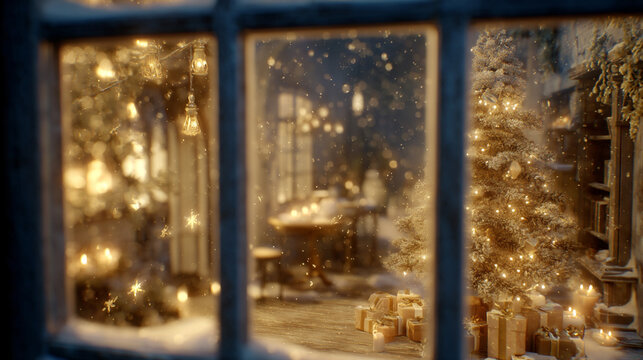 雪の舞う夜、窓越しに見える輝くクリスマスツリーと温かな灯りのある部屋