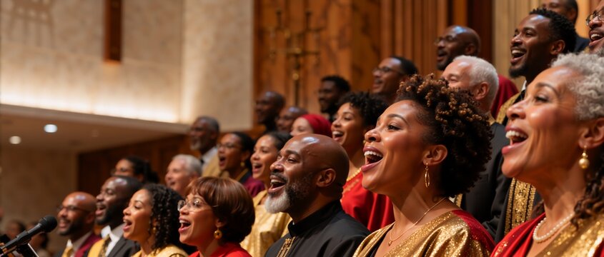 Diverse gospel choir singing with joy in a church. Group of men and women performing religious music. Worship and celebration concept