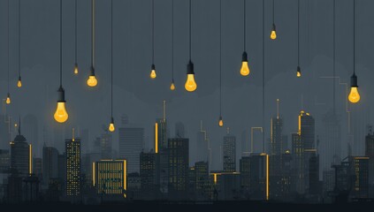 Illuminated cityscape at dusk with dangling bulbs creating a warm, moody atmosphere