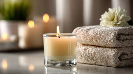 Burning candle with soft light near folded towels - concept of spa wellness, mindfulness and self-care ritual