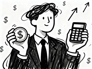 A man is holding a calculator and a coin