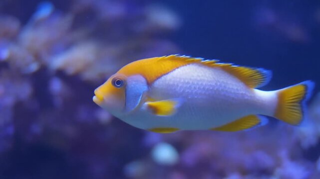 Yellow and White Tropical Tuskfish Swimming in Aquarium.