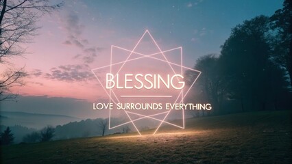 Geometric star shape with the word Blessing over misty landscape