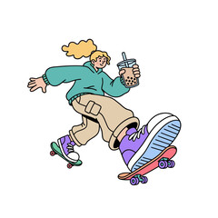 Cartoon Girl Skateboarding and Drinking Bubble Tea, Dynamic Illustration with Exaggerated Perspective, Oversized Shoes, and Streetwear Fashion