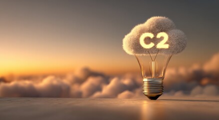 Cloud computing concept, lightbulb, sunset