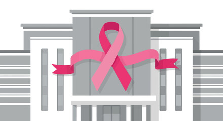A pink ribbon symbolizing breast cancer awareness is draped across the facade of a modern building.
