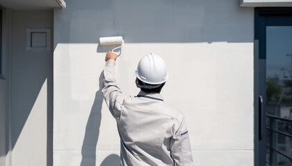 壁面を塗装する日本人作業員の作業風景（室内・外壁のローラー塗り）