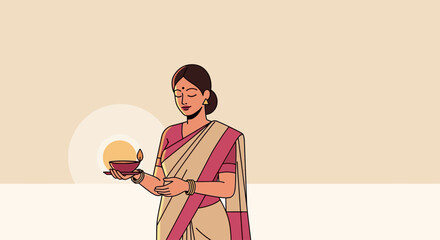 An illustration of an Indian woman holding a lit diya, symbolizing light and spirituality.