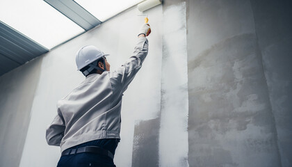 壁面を塗装する日本人作業員の作業風景（室内・外壁のローラー塗り）