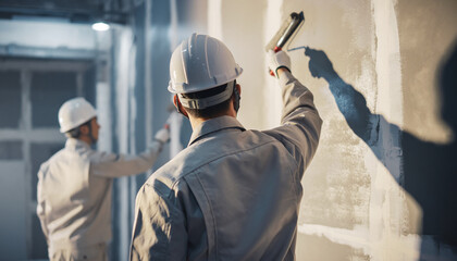 壁面を塗装する日本人作業員の作業風景（室内・外壁のローラー塗り）