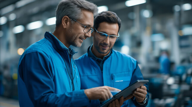 Engineers collaborating on tablet inspecting advanced robotics assembly faceless professionals defocused manufacturing background modern efficiency scene industrial technology