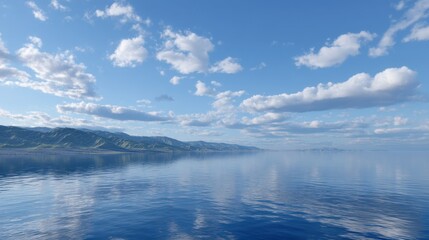 Obraz premium Serene Open Lake with Reflecting Clouds and Gentle Mountain Silhouettes Under Clear Sky