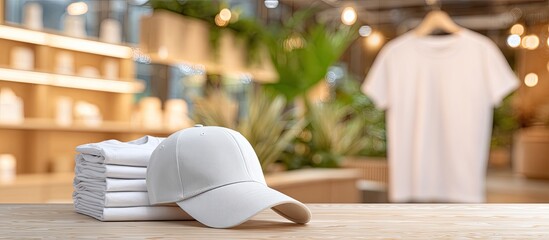 A white baseball cap, a stack of folded shirts and a tee-shirt on a wooden hanger in a modern store