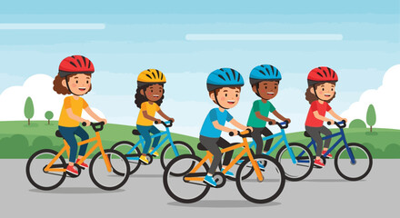 A diverse group of happy children wearing helmets while riding their bicycles together in a park.