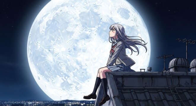 Anime schoolgirl sits on rooftop gazing at the immense full moon