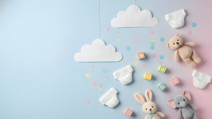 Baby shower concept design with soft toys, clouds, and pastel confetti