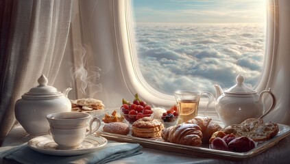 In-flight breakfast, cloudscape view