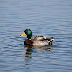 Male mallard duck swims gracefully on calm blue water with ripples.