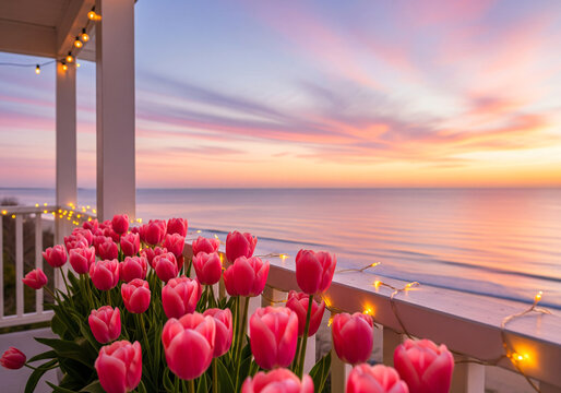 sunset over the river, pink tulps on a seaside balcony at sunset, soft light, string light, romantic atmosphere