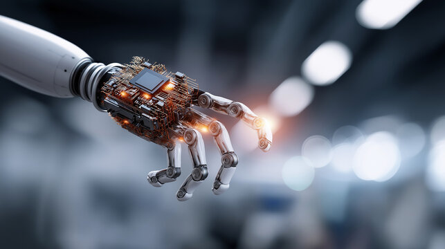 Artificial intelligence technology concept with machine learning deep learning defocused industry automation background robotic arm in factory chip on circuit board future