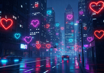 Cyberpunk inspired neon heart display on a futuristic building, surrounded by digital billboards, city lights