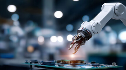 Artificial intelligence technology concept with machine learning deep learning defocused industry automation background robotic arm in factory chip on circuit board future