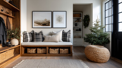 Cozy Christmas Entryway with Mudroom Modern Bench, Natural Textures and Minimal Holiday Accents